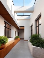 Modern and spacious interior space with a high ceiling and a skylight. the floor is made of light-colored tiles and the walls are painted white.