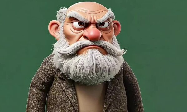 Angry Bald Old Man with White Beard in Brown Jacket Against Green Background