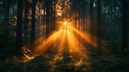 Obraz premium Golden sunlight beams through a misty forest