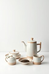 Fototapeta premium Ceramic tea set with teapot cup leaves on white table