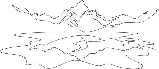 Continuous one line drawing mountain peak. A high mountain is reflected in a mountain lake. The landscape is reflected in the water.One continuous line isolated minimal illustration.Not AI.