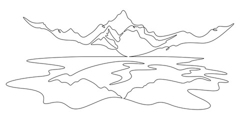 Continuous one line drawing mountain peak. A high mountain is reflected in a mountain lake. The landscape is reflected in the water.One continuous line isolated minimal illustration.Not AI.