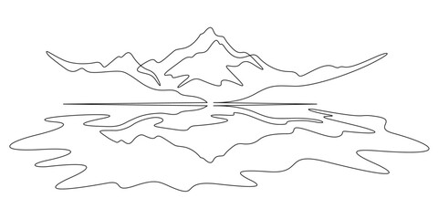 Continuous one line drawing mountain peak. A high mountain is reflected in a mountain lake. The landscape is reflected in the water.One continuous line isolated minimal illustration.Not AI.