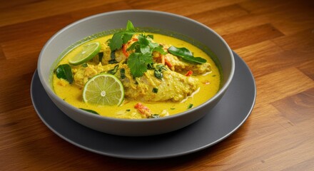 Bowl of Fish in Creamy Coconut Milk Sauce with Herbs and Lime