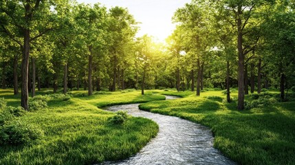 Lush green forest with a winding stream. Sunlight filters through the trees, creating a peaceful, tranquil scene