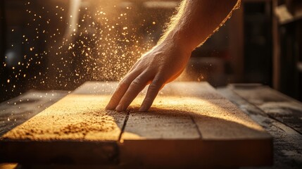 Hand touching golden wood craftsmanship closeup