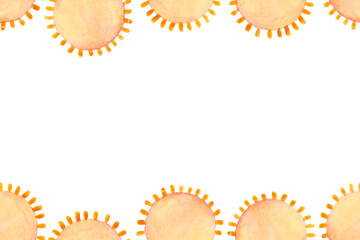 Seamless border of watercolor suns. Summer background for postcards, greetings and invitations
