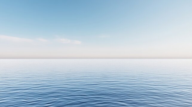 Calm blue ocean waters stretching to the horizon under a clear sky, serene and tranquil setting, minimalist composition, and peaceful nature scene.