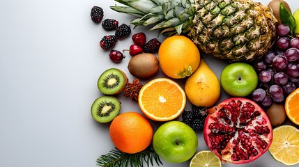 Assorted fresh fruits including pineapple oranges and kiwi on a white surface.