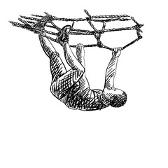 Hand-drawn vector of black man climbing rope net, athletic pose, strong grip, sports training, black and white sketch, dynamic, energetic line art style