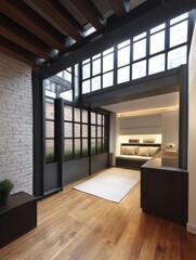 Modern and spacious living room with a high ceiling and wooden beams. the room has a large window on the right side, allowing natural light to enter the space.
