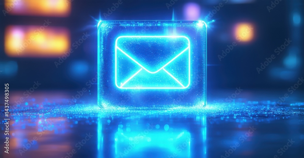Poster glowing blue email icon rests upon reflective surface. bright lights blur background creating futuri