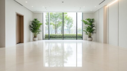 Empty modern minimalist interior with large windows