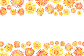 Seamless border of watercolor suns. Summer background for postcards, greetings and invitations