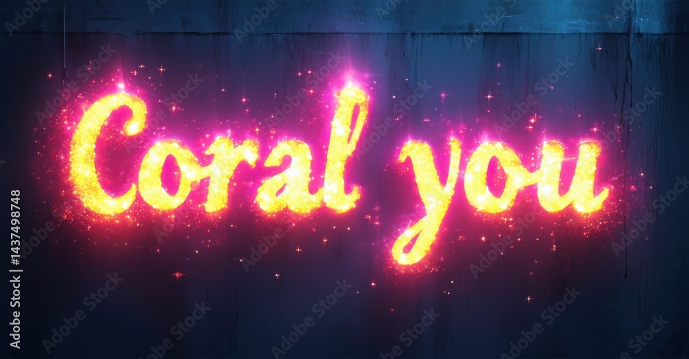 Aufkleber bright text reads coral you against dark textured background. sparkles enhance glowing lettering, cr