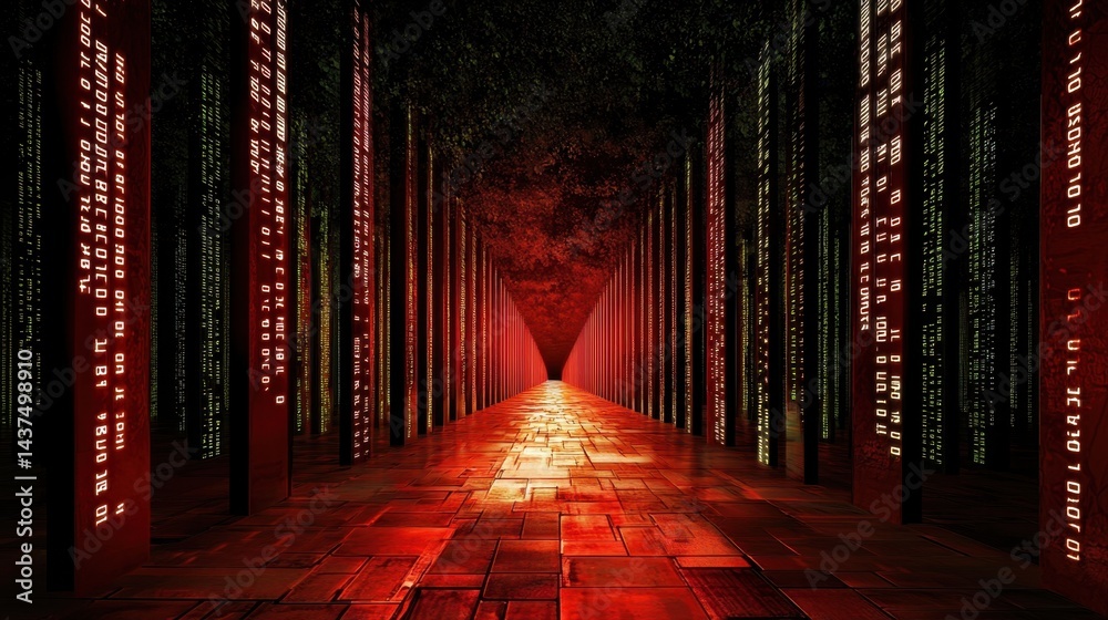  surreal red matrix code pattern scrolling across dark screen, abstract tech design