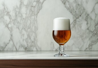 Glass of beer with foam on marble background  
