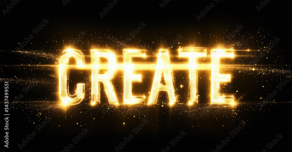 Aufkleber golden text spells create against dark background. sparkles enhance visual impact, suggesting innova