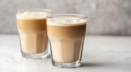 Iced coffee glasses on a white marble table  