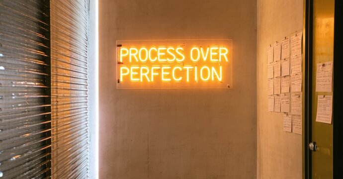Bright neon sign displays PROCESS OVER PERFECTION. Textured wall, papers pinned nearby. Warm lighting, modern aesthetic. Simple, motivational message.