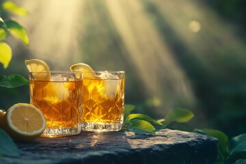 Refreshing iced tea drinks with lemon on a stone table in sunlight  