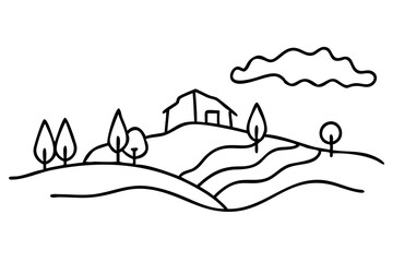 Fototapeta premium Rural Landscape Illustration, Countryside Scenery Sketch, Nature View Drawing