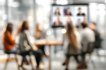 Fototapeta premium Participants Engaged in Interactive Zoom Meeting With Blurred Background and Floating Text Elements During a Collaborative Session