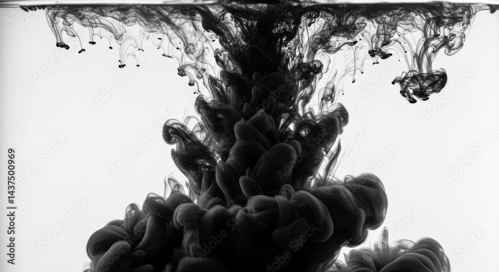 Poster black ink swirling and diffusing in clear water creating abstract shapes and patterns in monochrome