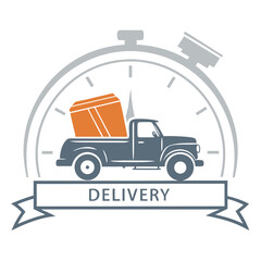 Vintage Truck Loaded with Orange Boxes Inside Stopwatch with Delivery Ribbon Icon