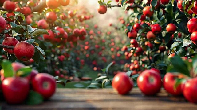Picking apples in an orchard. Rows of apple trees heavy with ripe fruit glisten in the sunlight, while some apples lie scattered on the ground.