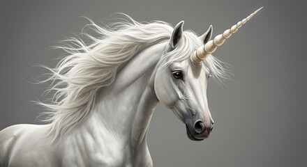 Obraz premium Standing White Horse with Horn Illustration on Gray Background