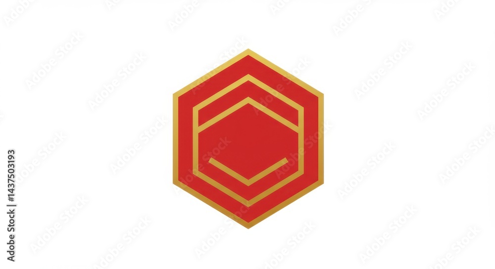 Poster red hexagon with golden outline and inner geometric shape on a white background design element