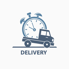 Minimalistic Blue Delivery Icon Featuring Truck and Stopwatch on a White Backdrop