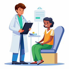 Compassionate Indian doctor in white coat consulting patient, holding clipboard, checking health in medical clinic. Indian healthcare professional providing consultation.

