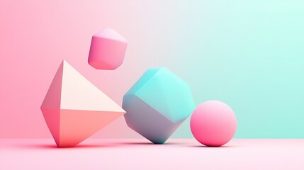 Abstract modern graphic design with 3D geometric shapes floating on soft gradient background with delicate shadows and isometric perspective. Minimalistic contemporary art style.