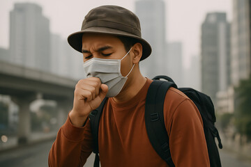 Air pollution in Urban Scene: A man coughs in a cityscape due to air pollution. Capturing health impacts and urban environmental issues.