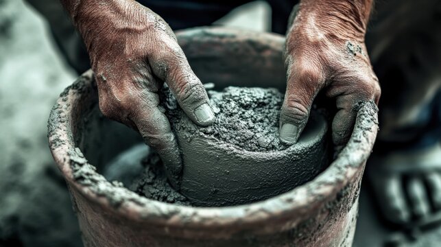 Hands kneading clay in a pottery vessel