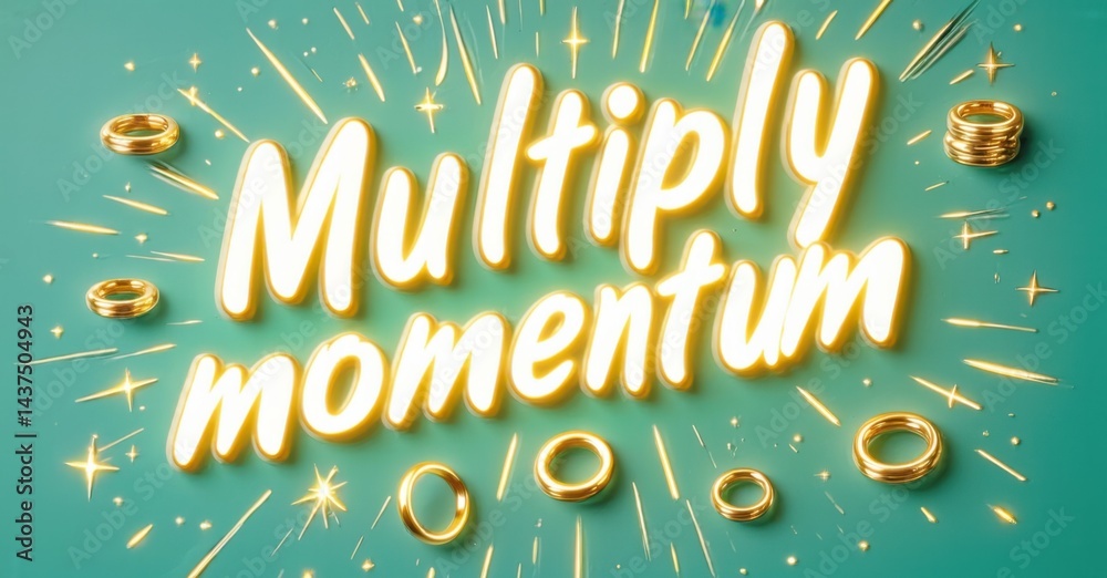 Poster bright turquoise backdrop features golden rings, text multiply momentum. sparkling effects enhance d