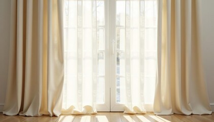 Subtle cream linen curtains, soft light, simple elegance , linen curtains, cream linen, light