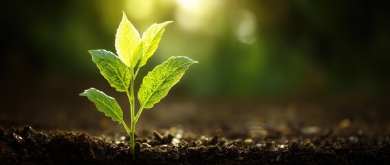 A young sprout emerges from dark soil, bathed in sunlight.  New life and growth