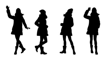 set of women in warm clothes and hats silhouette vector on tranparent background