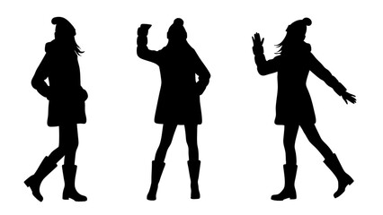 set of women in warm clothes and hats silhouette vector on tranparent background