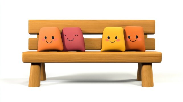 Wooden park bench with colorful, happy face pillows