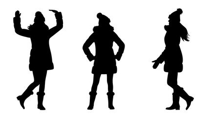 set of women in warm clothes and hats silhouette vector on tranparent background