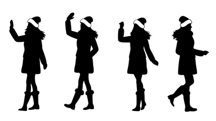 set of women in warm clothes and hats silhouette vector on tranparent background