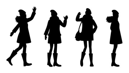 set of women in warm clothes and hats silhouette vector on tranparent background