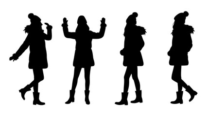 set of women in warm clothes and hats silhouette vector on tranparent background