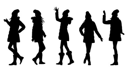 set of women in warm clothes and hats silhouette vector on tranparent background