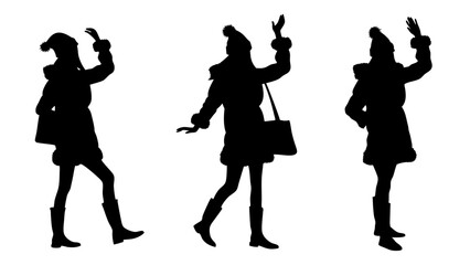 set of women in warm clothes and hats silhouette vector on tranparent background