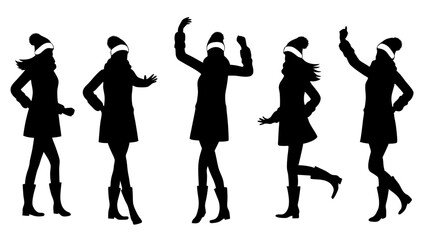 Obraz premium set of women in warm clothes and hats silhouette vector on tranparent background